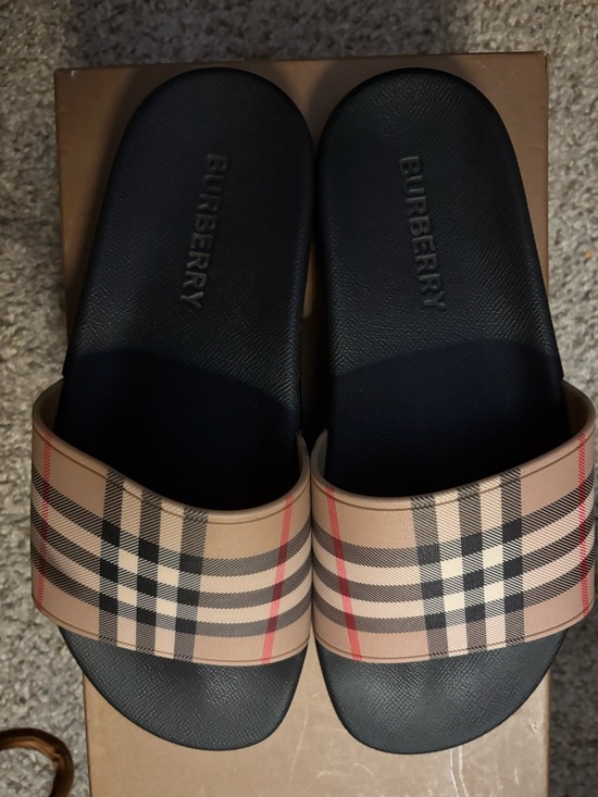 Burberry Shoes - Burberry Beige Nova Check Slide Sandals with Black Footbed